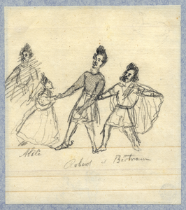 32543 Afbeelding van een scene met Robert, Bertram en Alice in een voorstelling van het toneelstuk Robert en Bertram in ...